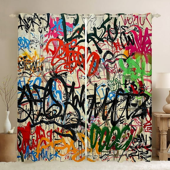 Erosebridal 3D Colorful Graffiti Curtains for Living Room, Abstract Art Painting 30%-50% Blackout Curtains Set of 2 (42x90), Street Old School Decor