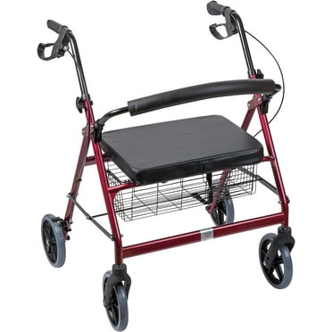 DMI Extra-Wide Heavy Duty Steel Bariatric Mobility Rollator Walker with Seat and Basket, Burgundy, Folding