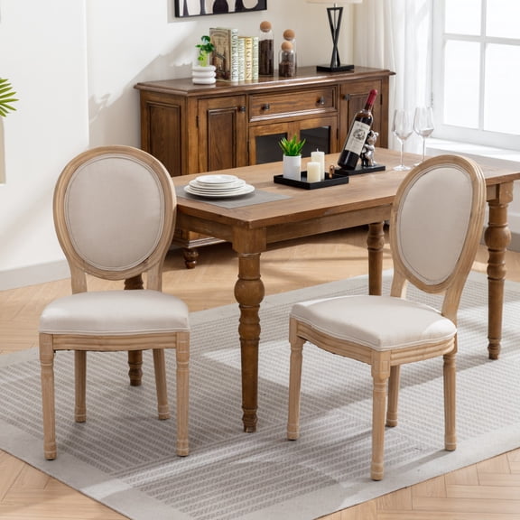 Furniture French Country Dining Chairs Set of 2, Solid Rubberwood Frame, Antique Painted Finish, Linen Fabric Upholstered Seat, 300lbs Capacity, Beige