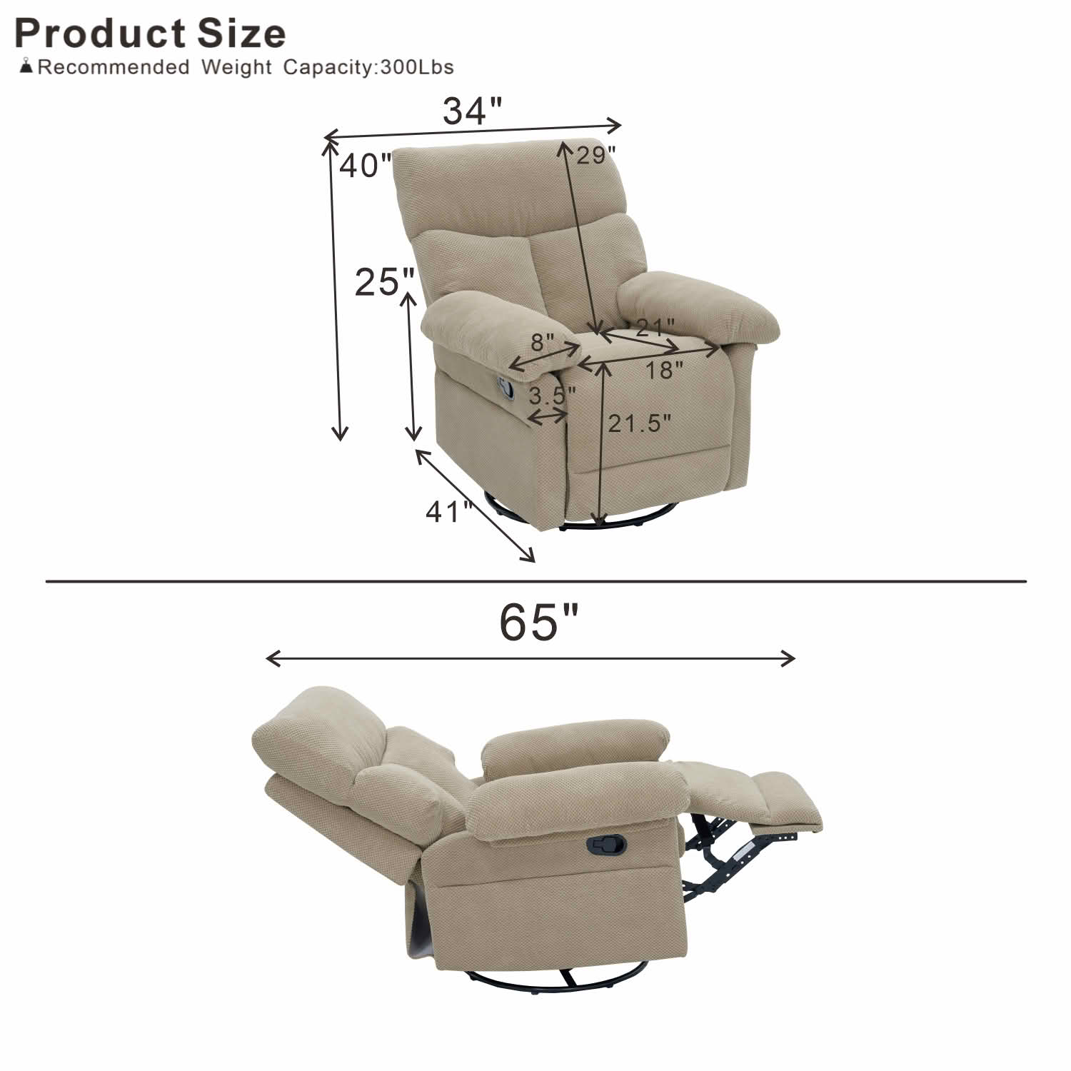 MAYEERTY 41 In Swivel Rocker Recliner, 360 Degree Manual Glider, Overstuffed, Camel, 300 lb