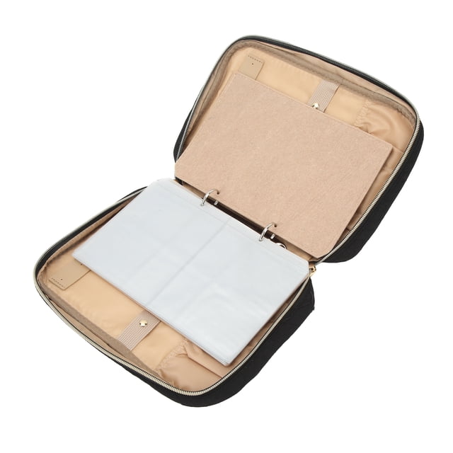 Estuche organizador de joyas de viaje, portátil, con rollo de almacenamiento y bolsas transparentes para pendientes y collares, color negro.