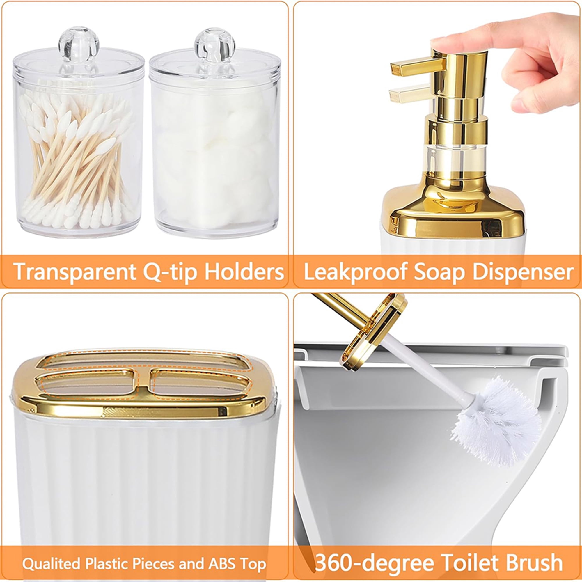 Bathroom Accessories Set,9 Piece White Bathroom Sets Complete With Toothbrush Holder, Trash Can, Lotion Soap Dispenser, Toothbrush Cup, Vanity Tray, Soap Dish, Toilet Brush, Qtip Holder