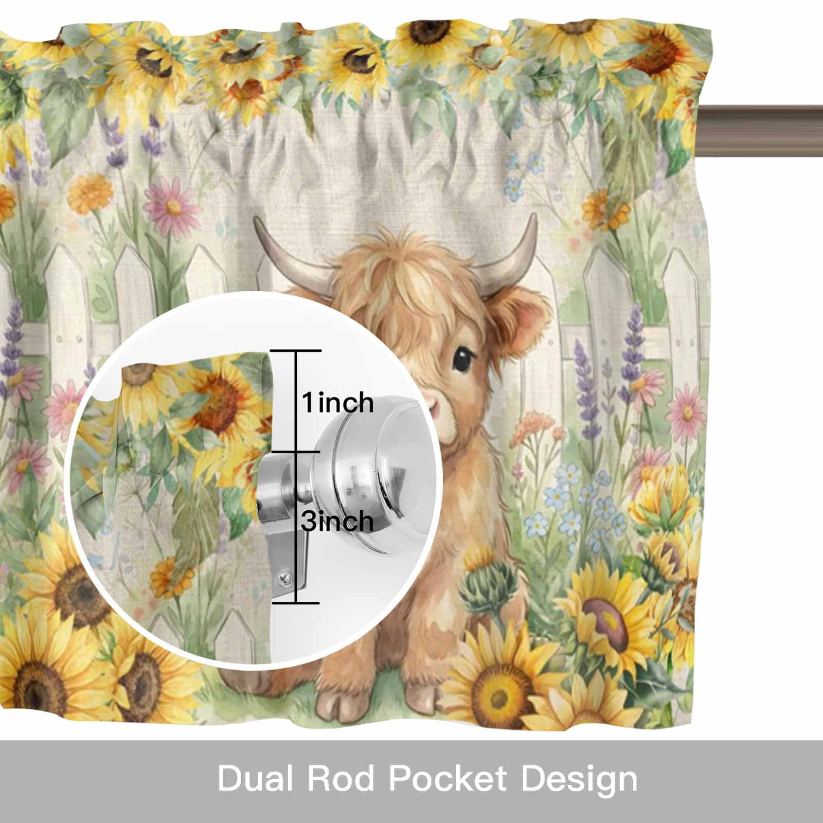 Farm Highland Cattle Valance Curtain for Windows Farmhouse Sunflower Cow Fence Linen Texture Rod Pocket Curtain Valances Short Window Treatments for Kitchen Bathroom Laundry Basement 60 x 18 Inch