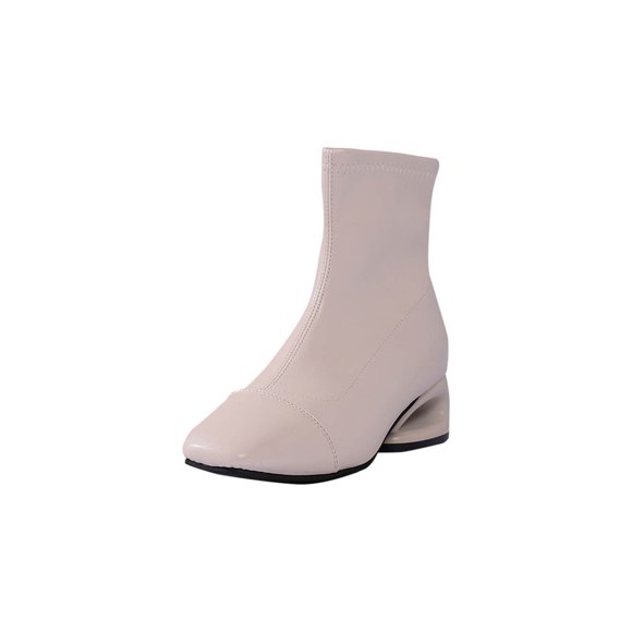 Lovzfmll Ankle Boots for Women, Square Toe Boots Back Zipper Unique Low Heel, Block Heel Pointy Toe Chelsea Leather Boots Casual Beige Boots