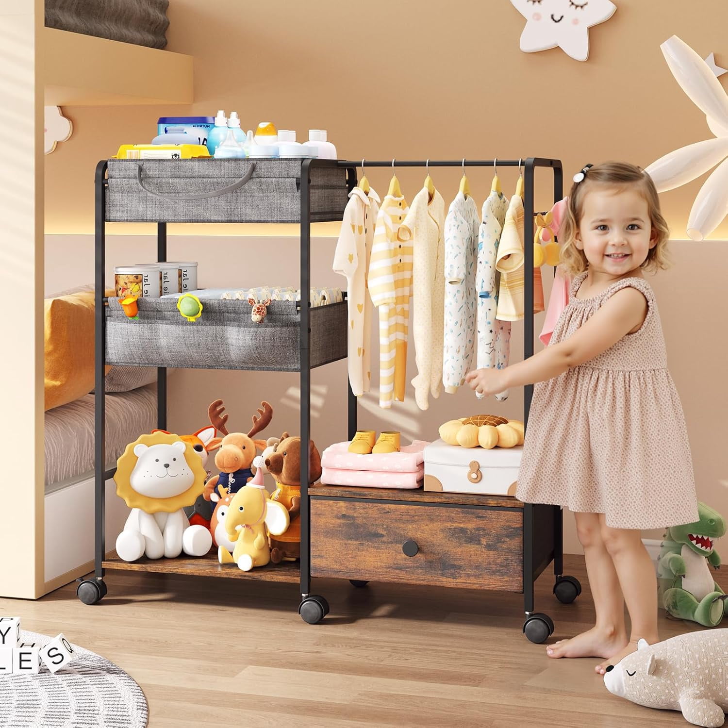 3in1 Diaper Caddy Organizer - Diaper Caddy & Rolling Diaper Cart with Kids Clothing Rack for Nursery and Baby Essentials, Multi-Function Utility Cart for Bedroom and Bathroom, Black&Brown