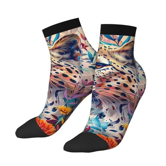 Uemuo Vibrant Leopard In Flowers Printed Crew Socks, Moisture-Wicking Socks, Athletic Socks for Men Breathable Cushion Socks Casual Sport Socks for Running Traveling