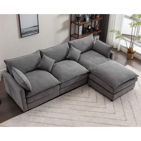 Domiluxe 3-Seater L-Shaped Modular Sectional Sofa with Movable Ottoman,Comfy Modular Couch with Pillows,Chenille Cloud Couch for Living Room,Apartment,Office,Grey