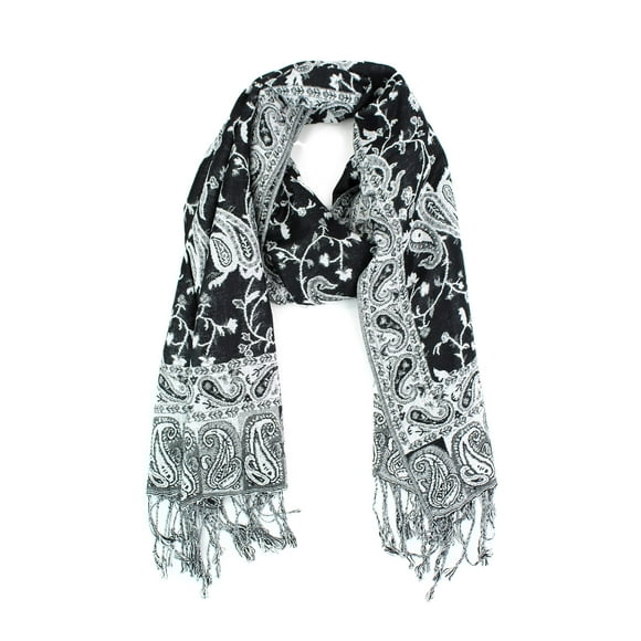 PASKMLNA Reversible Paisley Pashmina Shawl Wrap Elegant Colors (023-24Blk/wht)