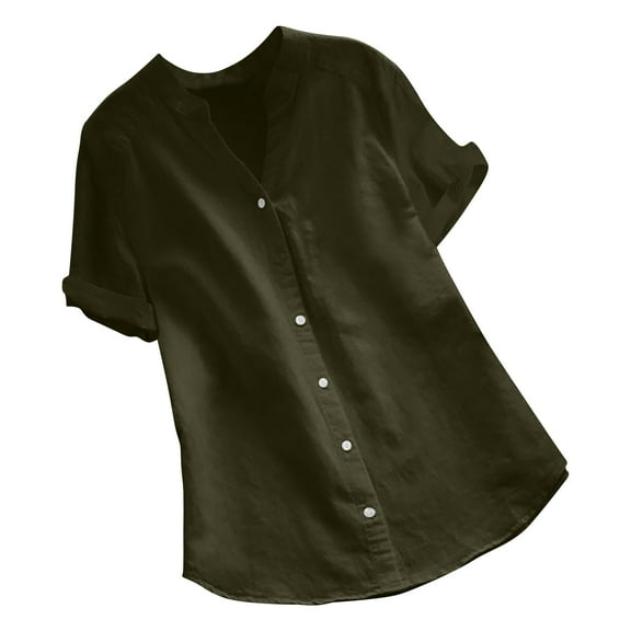 Loopsun Plus Size Womens Tops, T Shirts for Women, Women's Solid Short Sleeve V Neck Cotton And Linen Button Up Shirt Top Army Green M