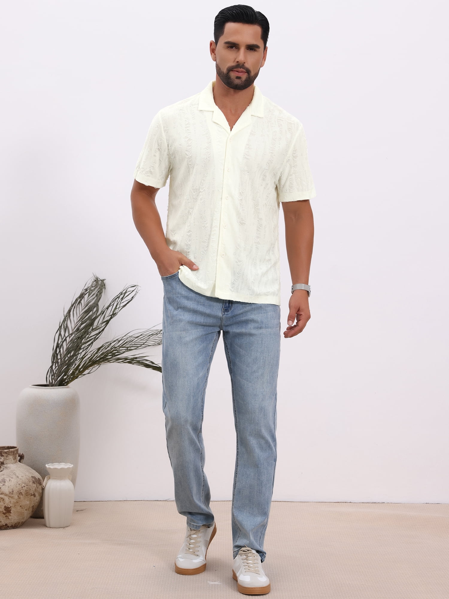 DARING DIVA Men's Camp Collar Button Down Short Sleeve Distressed Ripped Shirts M Beige