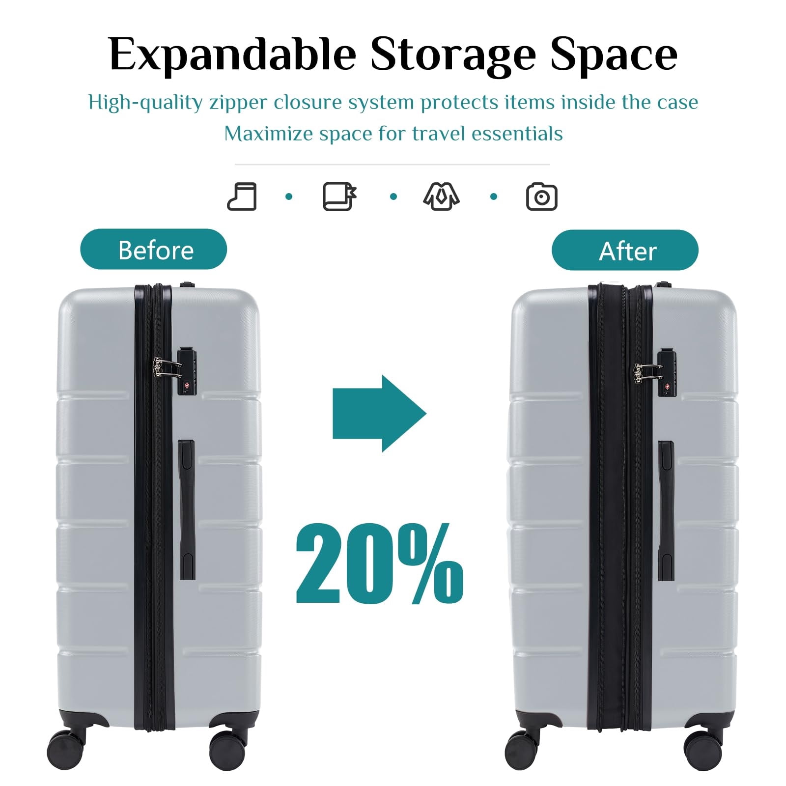 Kelno Carry On Luggage with Spinner Wheels ABS Hard Shell Suitcase Expandable Rolling Luggage with TSA Lock, Light Gray