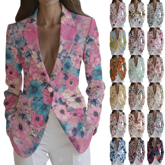 ManxiVoo Womens Trendy Lightweight Printed Long Sleeve Lapel Blazer Single Button Daily Wear