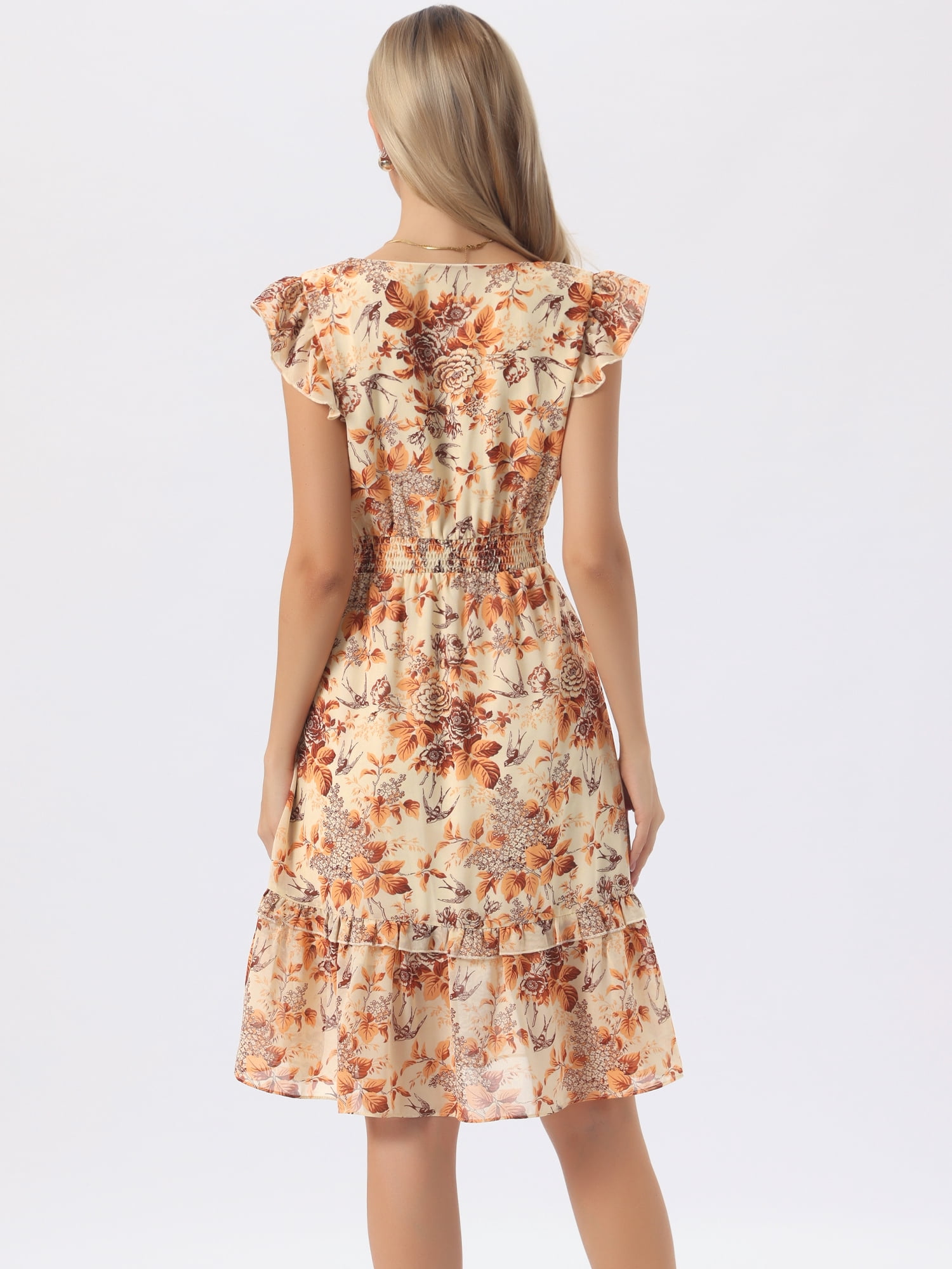 DARING DIVA Women's Floral Summer V Neck Flutter Sleeve Ruffle Dress S Orange Brown