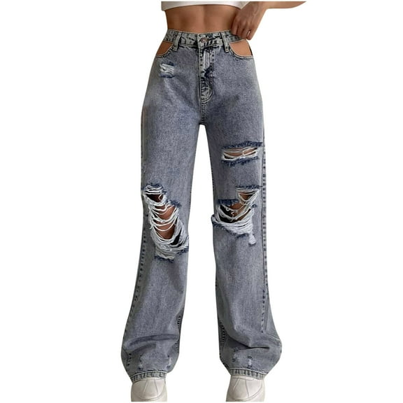 Bigersell Womens Ripped Jeans Juniors Jeans Discount Plus Size Wide Leg Jeans Capris Denim Pants Button Closure Ripped Jeans Female High Waist Straight Mid Waist Long Pants Style J-43 Blue S