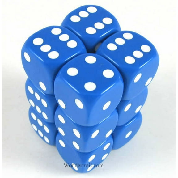 Blue Opaque Dice with White Pips D6 16mm (5/8in) Pack of 12 Koplow Games