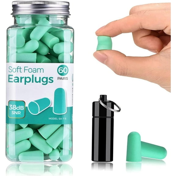 Ultra Soft Foam Earplugs, 38dB Highest SNR - 60 Pair, Comfortable Noise Cancelling Ear Plugs for Sleeping, Snoring, Travel, Concerts, Studying, Loud Noise, Work