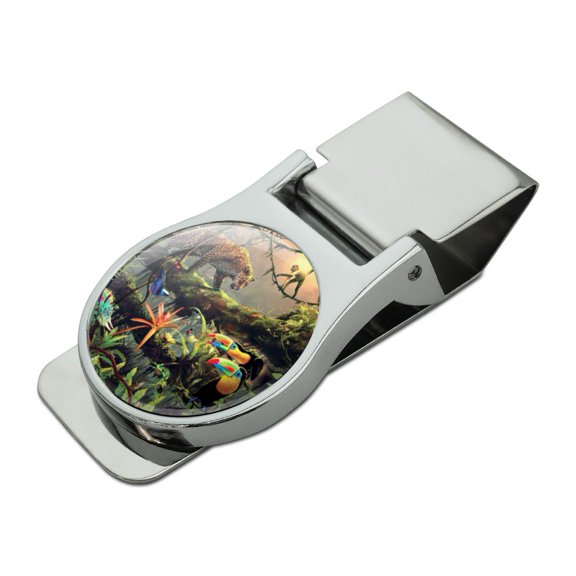 Jungle Life Leopard Cat Toucans Monkeys Satin Chrome Plated Metal Money Clip