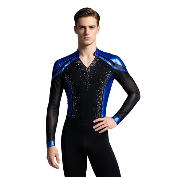 Raenseen Men Latin Dance Leotard Metallic Shiny Rhinestone Long Sleeve V Neck Bodysuit Royal Blue XL