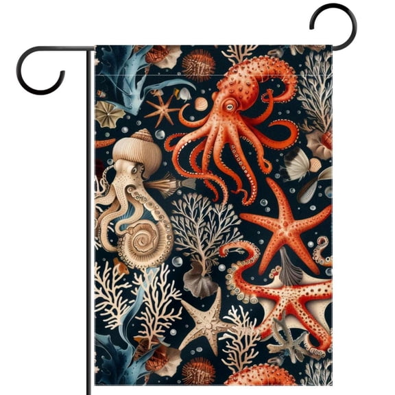 Turtle Octopus Seahorse Coral Sea Star Conch Ocean Pattern Garden Flag Double Sided House Flag for Outdoor Home, Personalized All Year Round Yard Decor 12 x 18 Inch