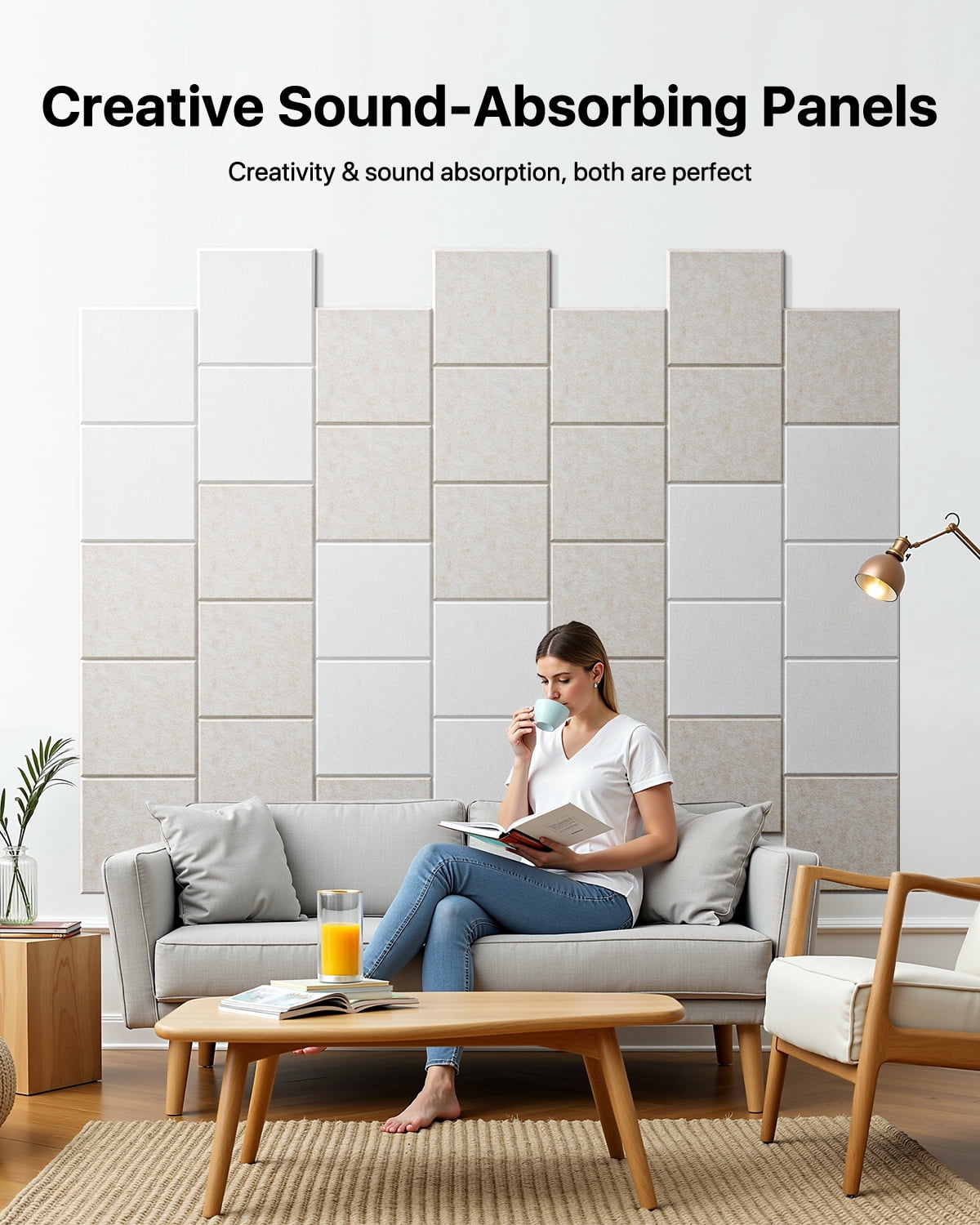 Soundsbay Soundproof Wall Panels Square Self-Adhesive Soundproof Absorbing Noise Cancelling Wall Panels 12 Pack Beige 12'' x 12'' x 0.4''