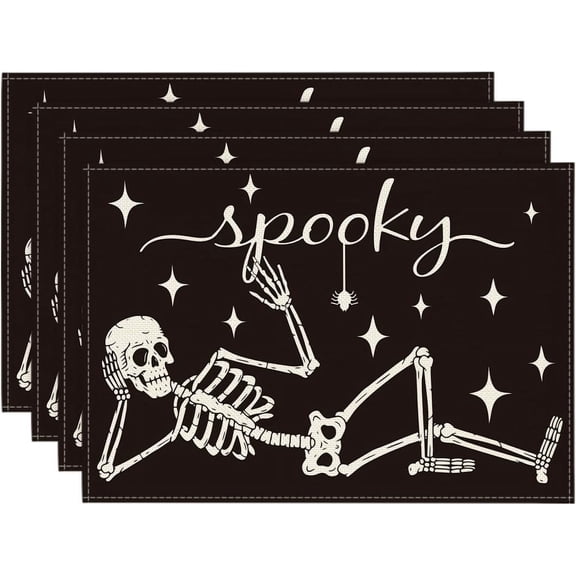 Spooky Skeleton Halloween Placemats Set of 4, 12x18 Inch Seasonal Table Mats for Party Kitchen Dining Decoration