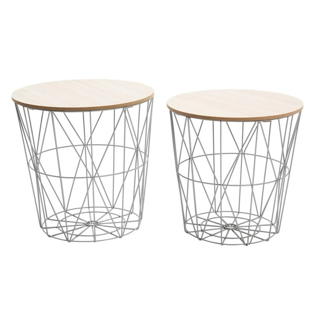 Ensemble de 2 Tables d'Appoint Rondes Gigognes avec Paniers de Rangement en Métal – Tables d'Appoint Grises pour la Maison et le Salon