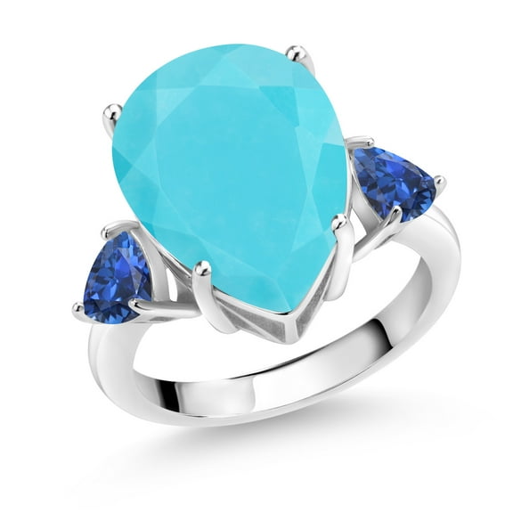Gem Stone King 7.08 Ct Pear Shape Green Turquoise Blue Created Sapphire 925 Sterling Silver Ring (Size 6)
