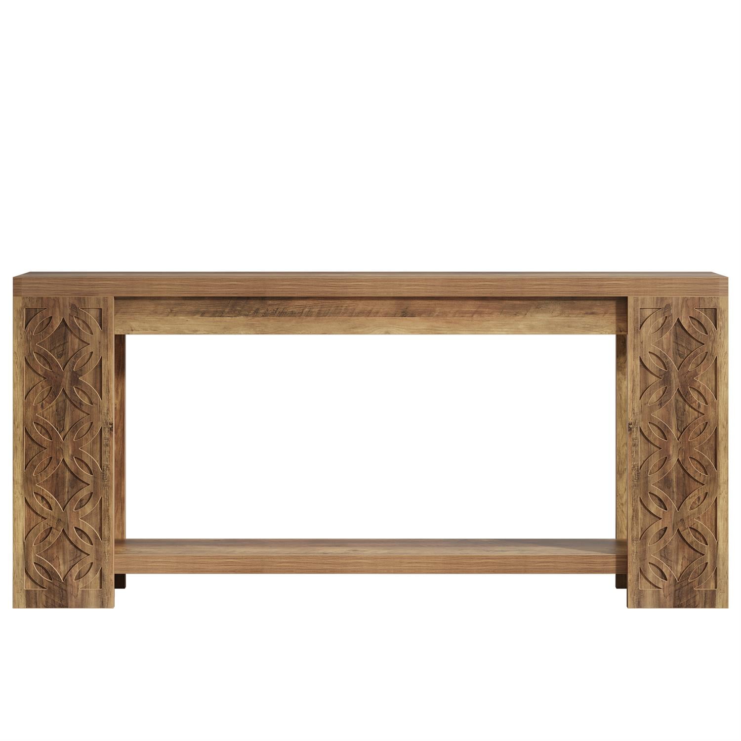 Demi Bonn 70" Bohemian Handcrafted Wooden Console Table, Entryway Side Table with Elegant Carvings for Living Room, Brown