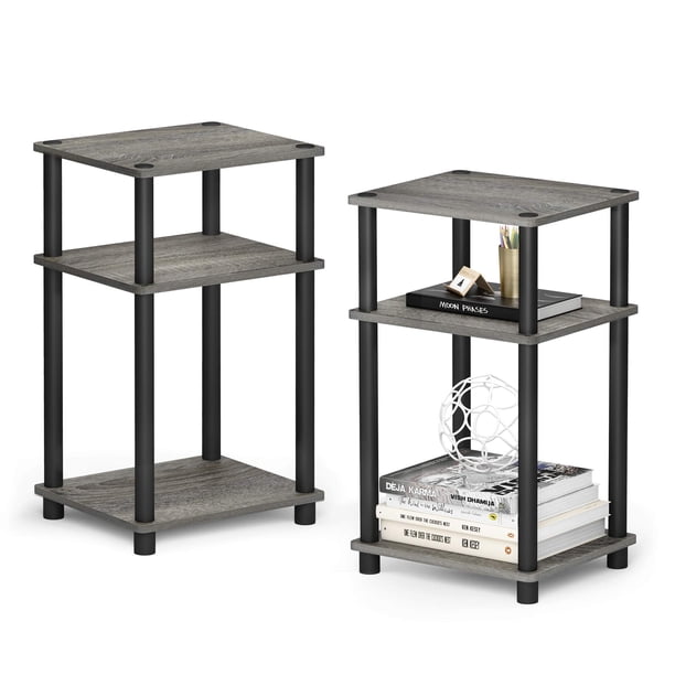 Mesa auxiliar Furinno Just de 3 niveles, tubo torneado, roble francés, gris/negro