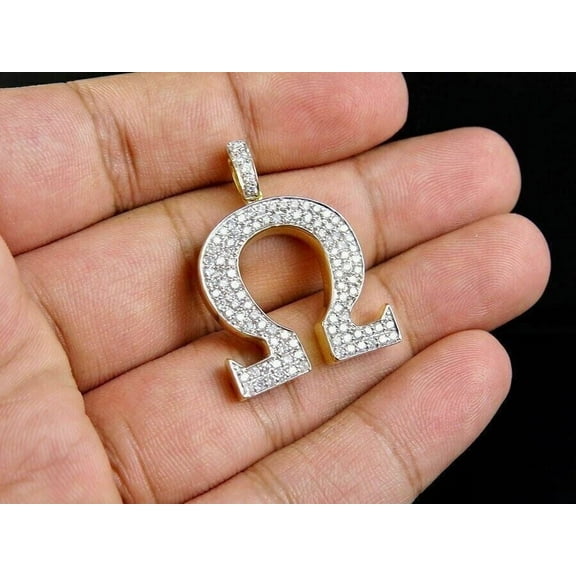 Silver & Stone Jewels 1Ct Round Cut Cubic Zirconia Men's Omega Sign Charm Pendant 14K Yellow Gold Finish