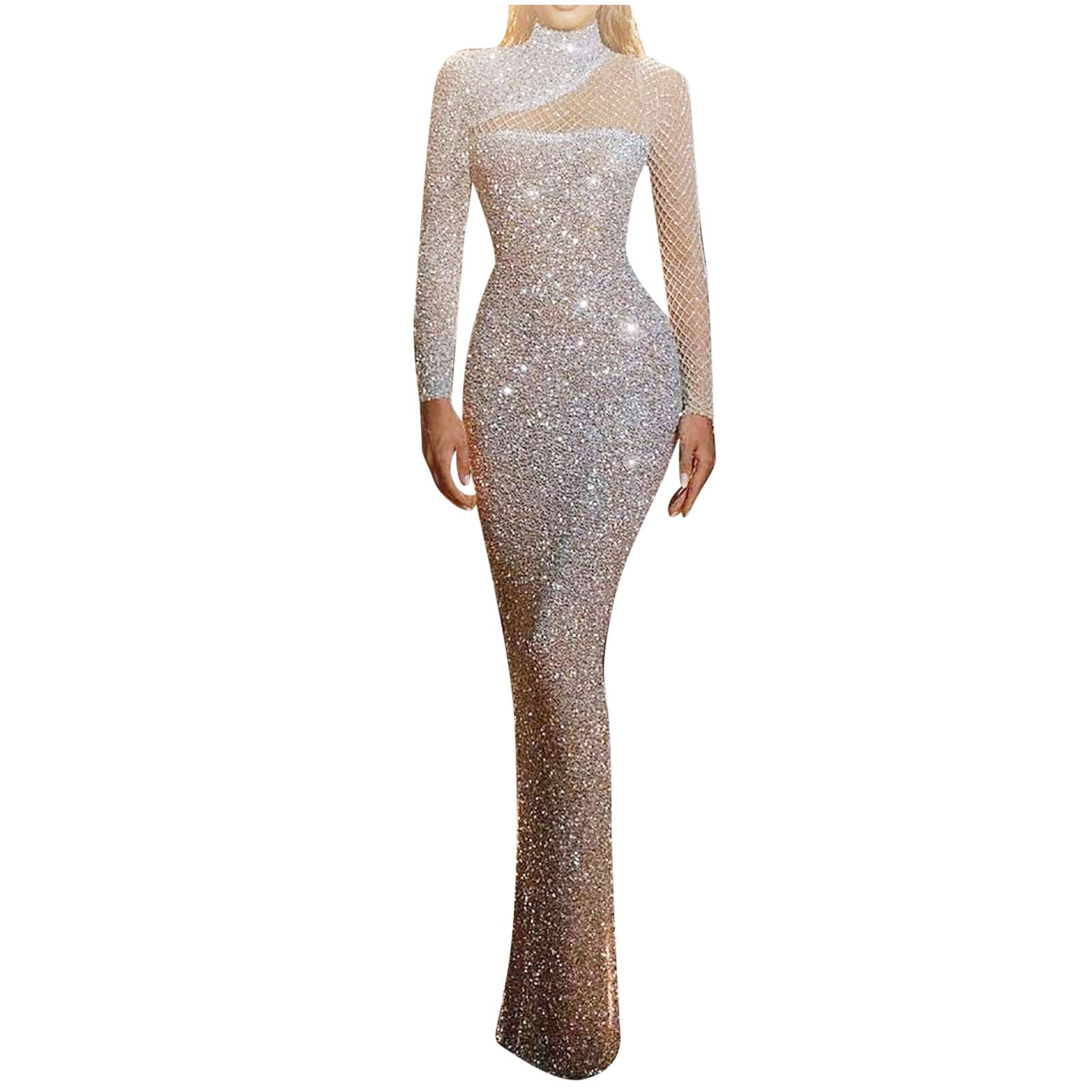 jsaierl Sequin Dress for Women Long Sleeve Mesh Maxi Dress Hollow Out Mock  Neck Slim Prom Evening Party Bodycon Sparkly Dress - Walmart.com