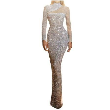 

jsaierl Sequin Dress for Women Long Sleeve Mesh Maxi Dress Hollow Out Mock Neck Slim Prom Evening Party Bodycon Sparkly Dress