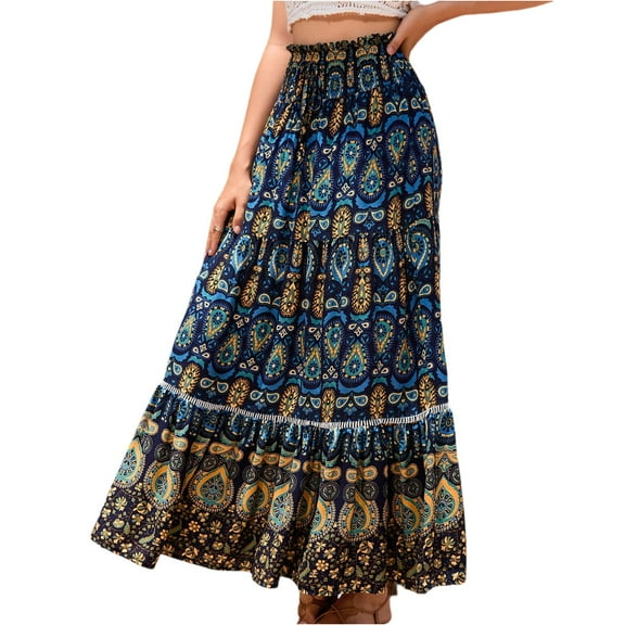 WTOBBY Women's High Waist Flowy Maxi Skirt Casual Large Swishy Circle Skirt Elastic Waist Tiered Long Skirt for Summer Beach and Daily Boho Style,Dark Blue L