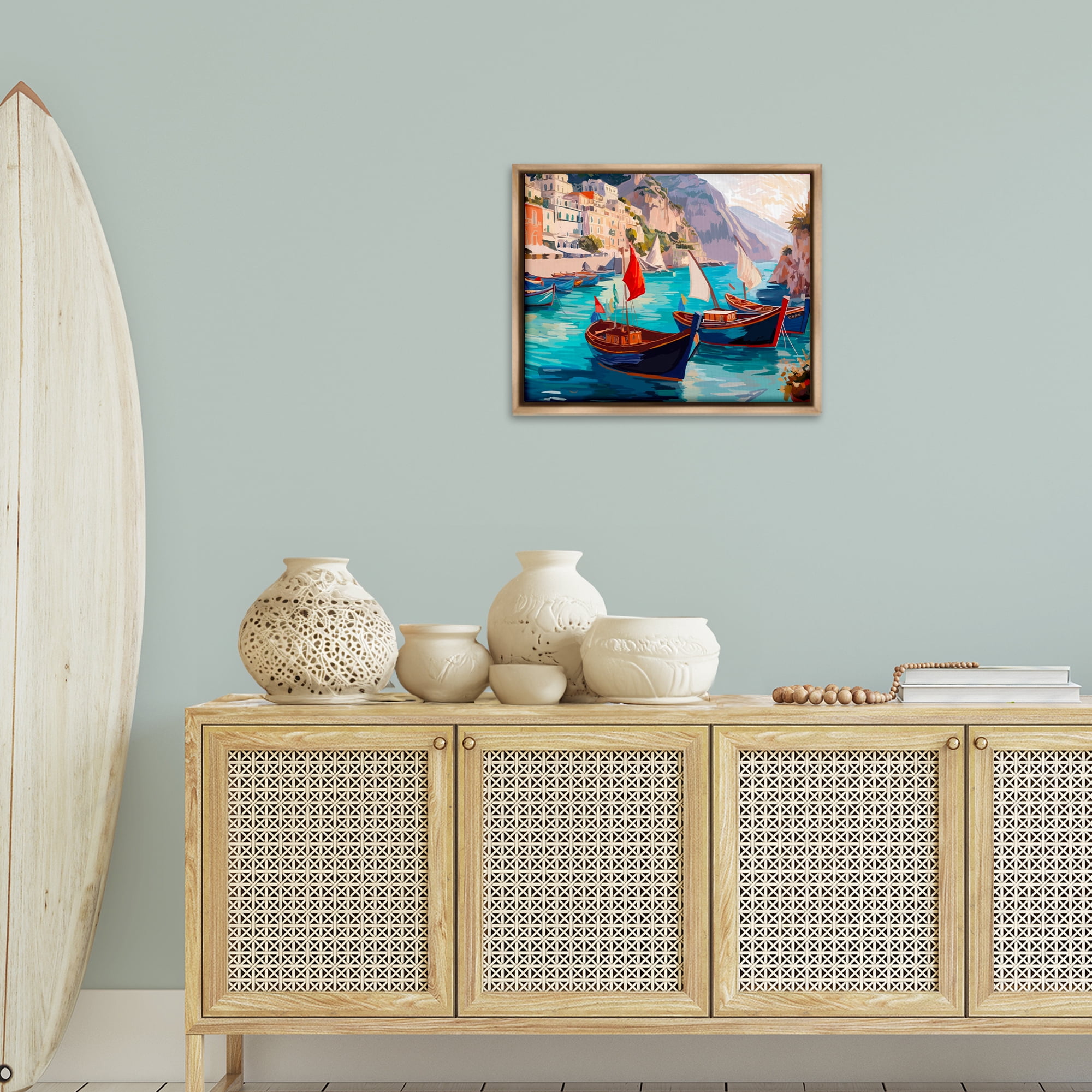 Stupell Industries Capri Boat Marina View Nautical & Beach Painting Brown Floater Framed Canvas Art Print Wall Art, 21 x 17
