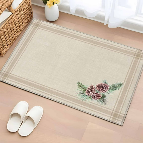 Christmas Bathroom Rug Washable 2x3 Entryway Rug Non Slip Winter Xmas Farmhouse Pine Cone Branches Front Door Mat Low Pile Indoor Doormat Throw Floor Carpet for Kitchen Bedroom Entrance