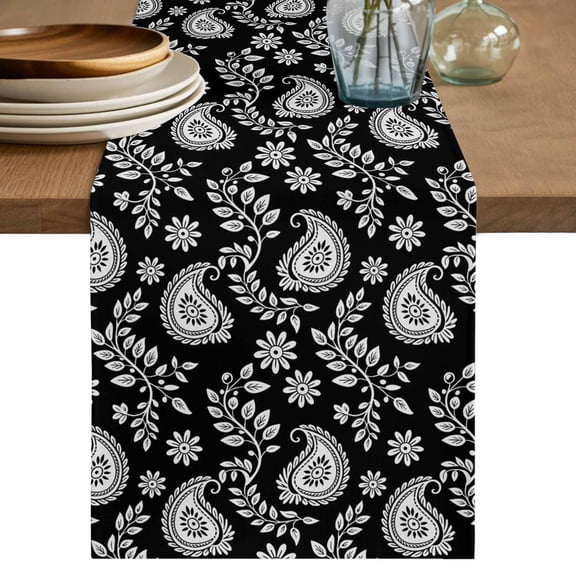Black Paisley Table Runner, Ethnic Vintage Floral Botanical Abstract Washable Cotton Linen Table Runners 48 Inches Long, Dresser Scarf Runner for Nightstand/Coffee/End Tables 13''x48''