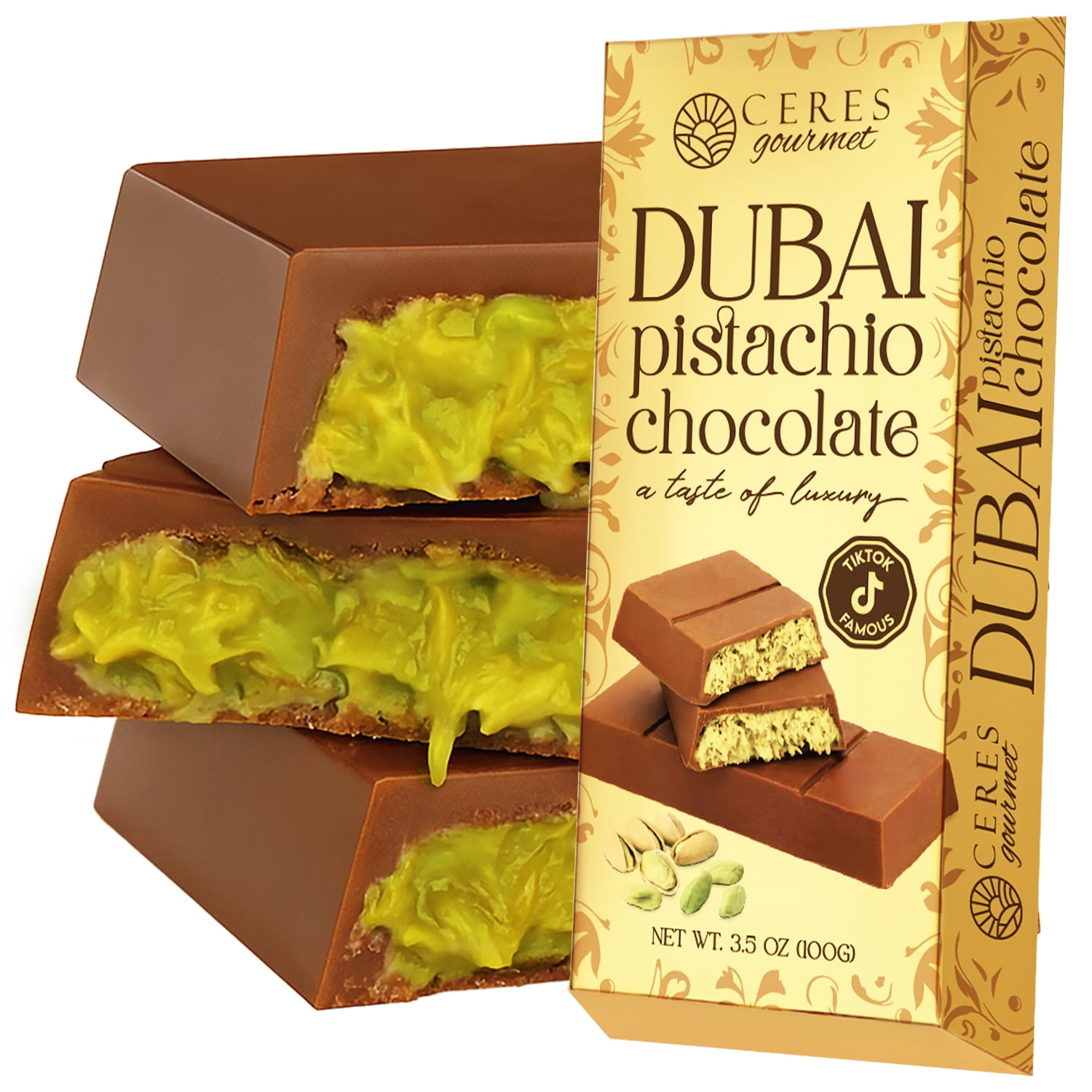 菓子 Dubai Chocolatet Ceres Gourmet Dubai Chocolate Bar, Pistachio Kunafa, 3.5 Oz