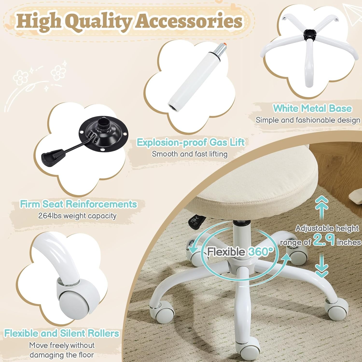 VINGLI Small Vanity Chair with Wheels for Girls.Cute Modern Adjustable Height Armless Office Desk Chair.360°Swivel Comfy Rolling Chair for Study, Make up Room,Small Space,Linen White