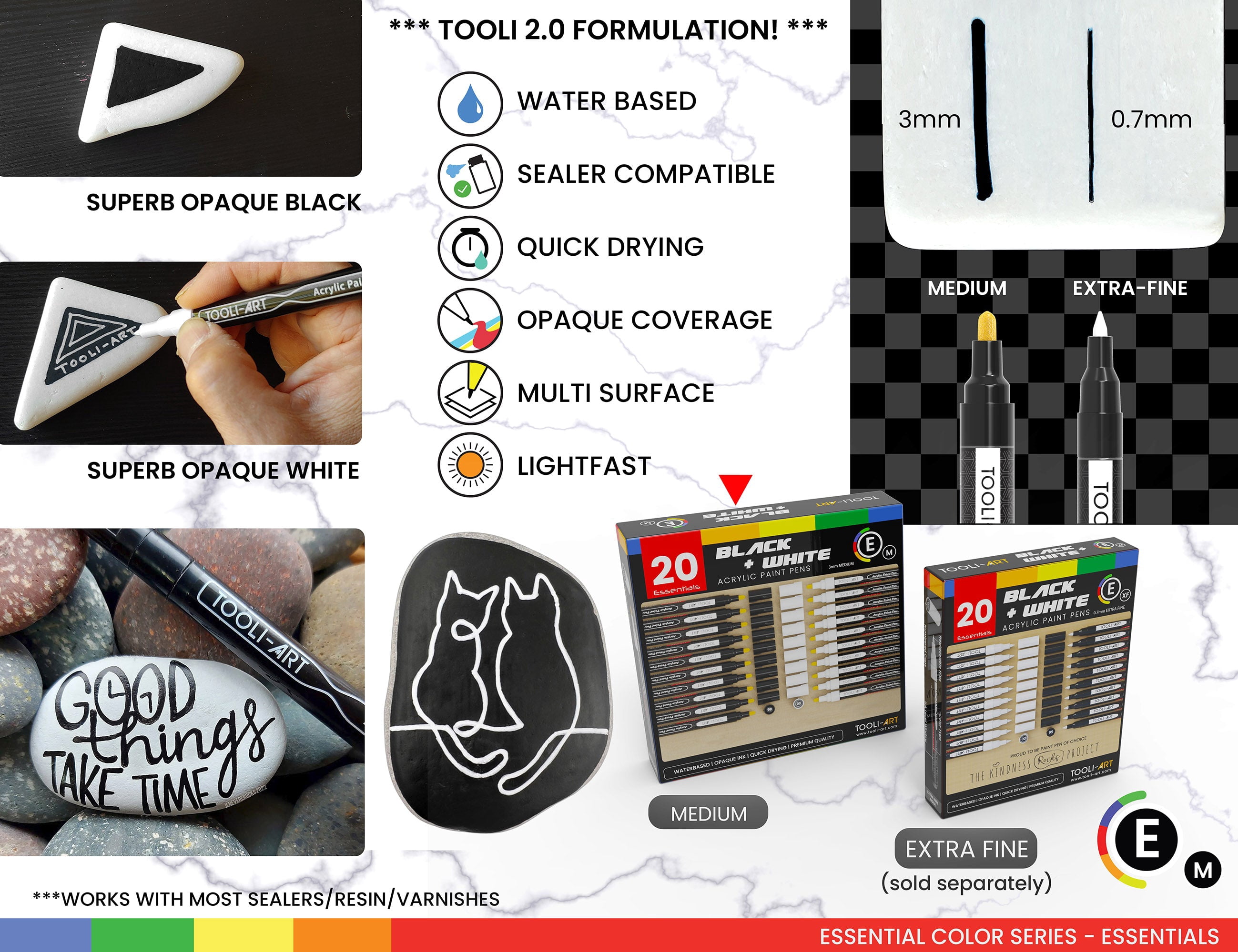 20 Black And White Acrylic Paint Markers Paint Pens Set (3mm MEDIUM)