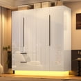 thumbnail image 2 of ANPOO 4 Door Wardrobe Closet with 2 Drawers & Mirror, 70"H High Gloss LED Wardrobe Armoire with Hanging Rod, Wooden Large Freestanding Storage Wardrobe for Bedroom, High Gloss White Armoire, 2 of 10