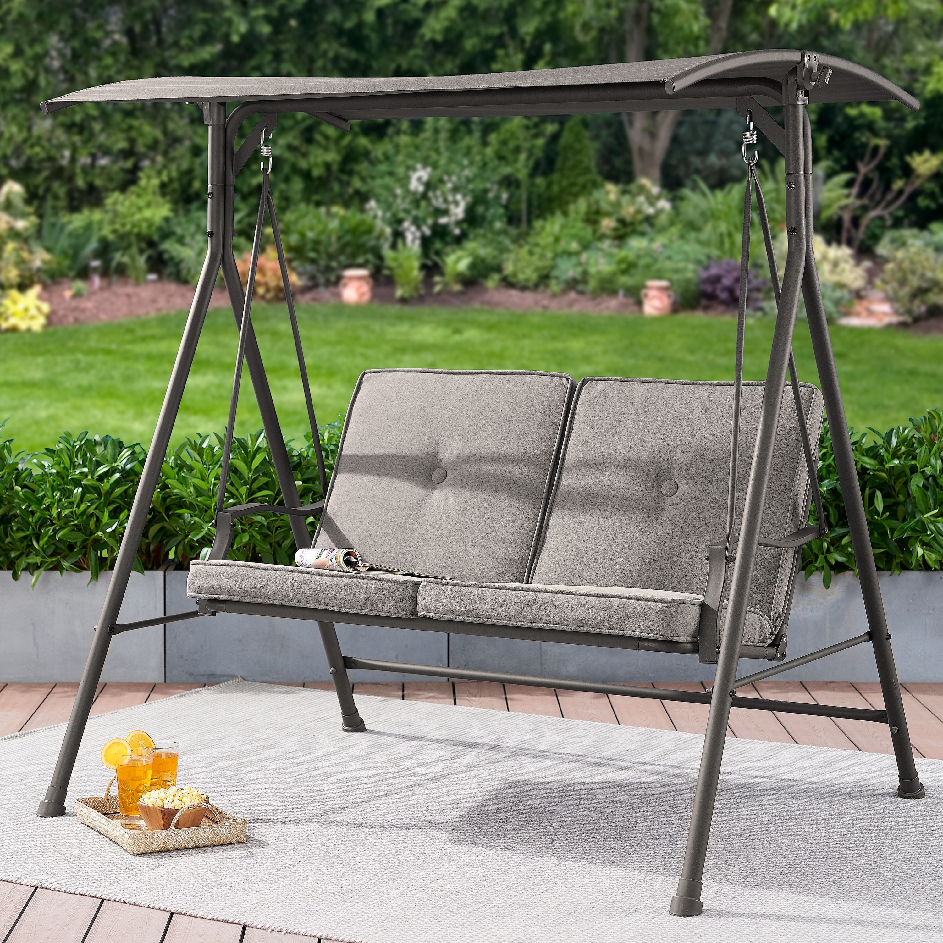 Mainstays Holten Ridge TwoSeat Canopy Patio Swing with Gray Cushions