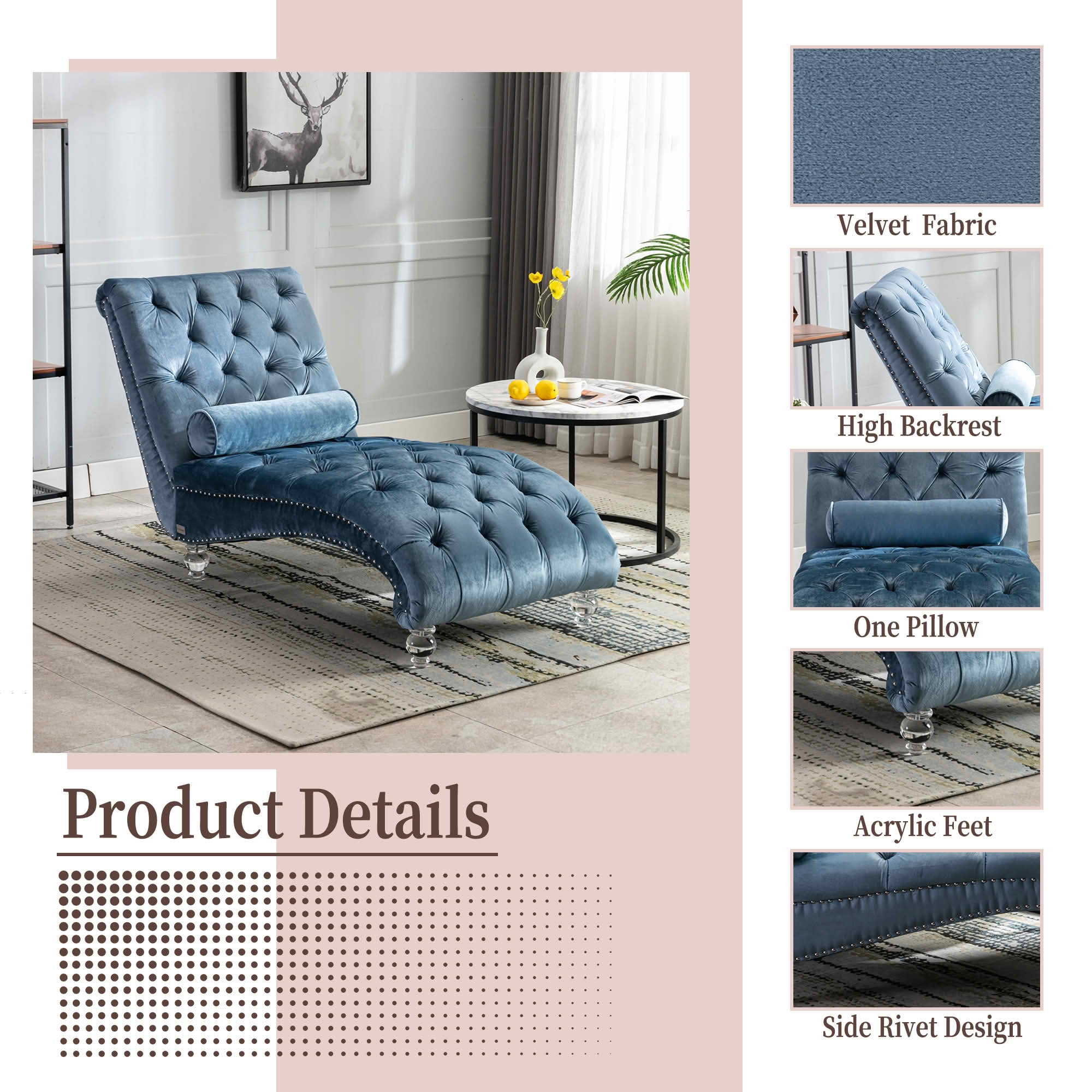 MAYEERTY Velvet Button Tufted Chaise Lounge with Pillow, Ergonomic S-Shape Indoor Lounge Chair with Wood Frame Acrylic Legs for Bedroom Living Room Office
