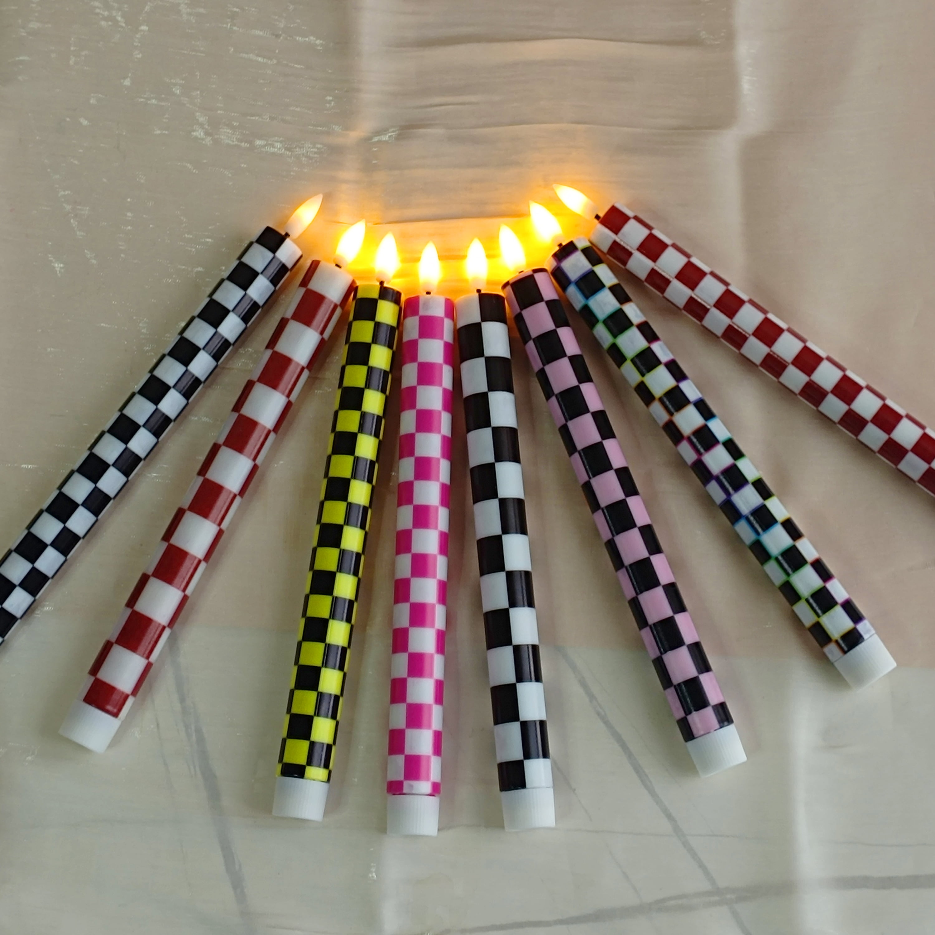 3PCS Flameless Taper Candles with Printed Pattern of Squared,10 Inch LED Candlesticks 3D Flickering Flame Candle Lights with Remote for Halloween Centerpieces Dinner Table Home Party Decor