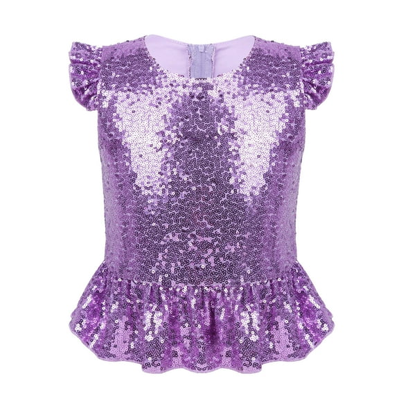 MSemis Kids Girls Shiny Sequined Crop Top Tee Shirts Jazz Hip-hop Fancy Up Lavender 8