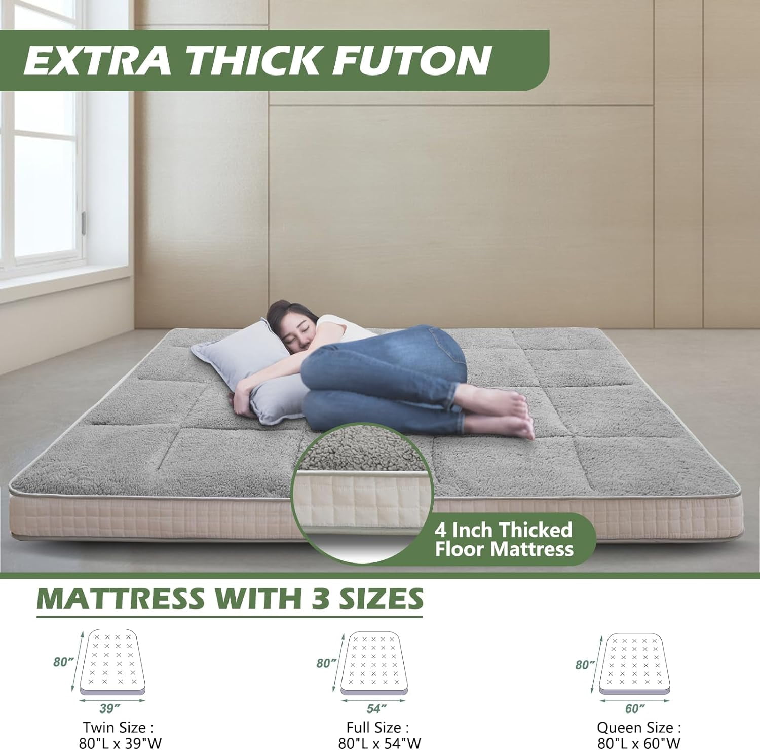 Slsy Winter Fleece Japanese Futon Floor Mattress, 4" Thick Fluffy Plush Reversible Shaggy Mattress, Cozy Sherpa Folding Roll Up Mattress, Fuzzy Faux Fur Sleeping Pad