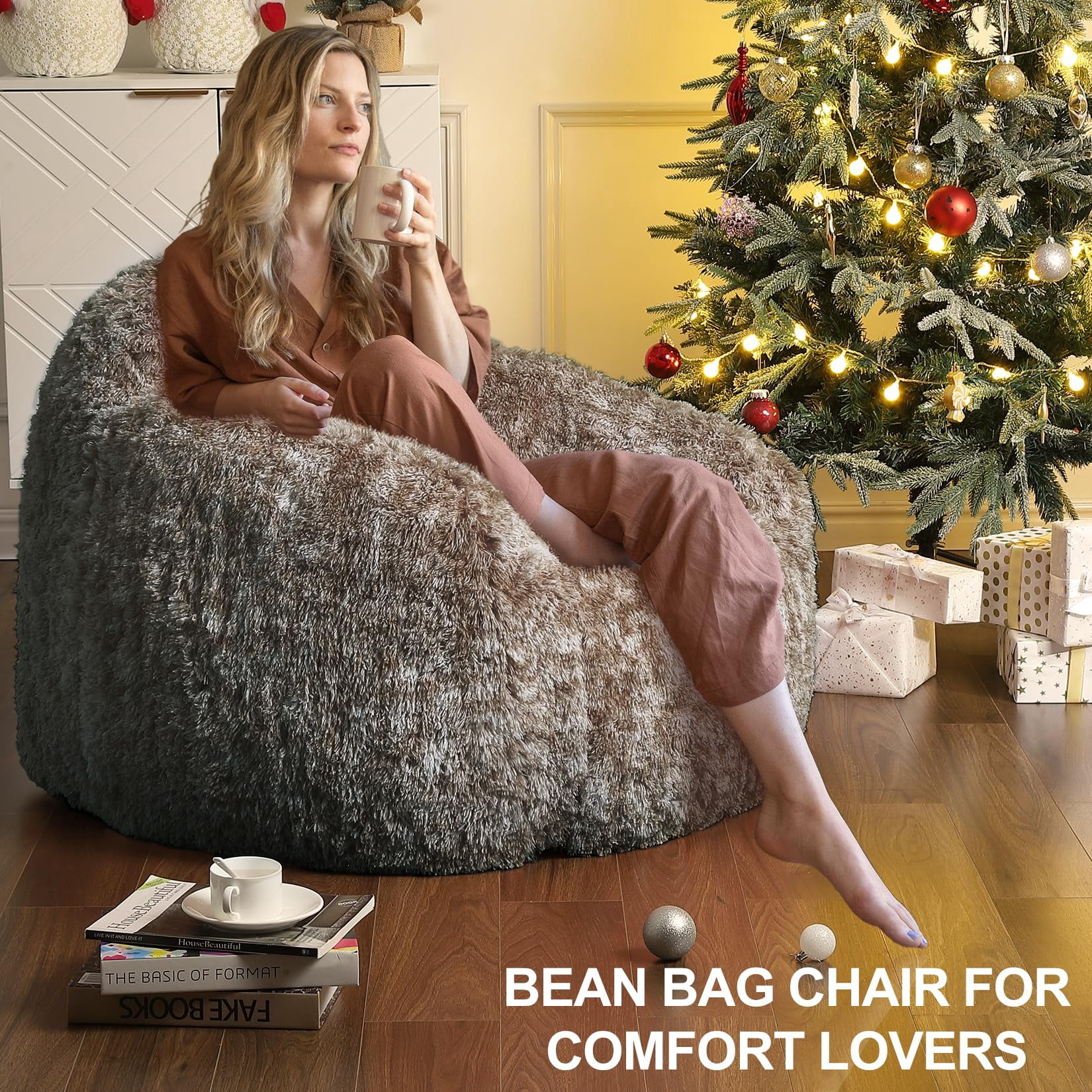 Kojooin Bean Bag Chair, Faux Fur Bean Bag Chairs for Adults, Kids Bean Bag Couch with Armrest, Soft Foam Filled Fluffy Couch Lazy Sofa Chair for Reading Gaming