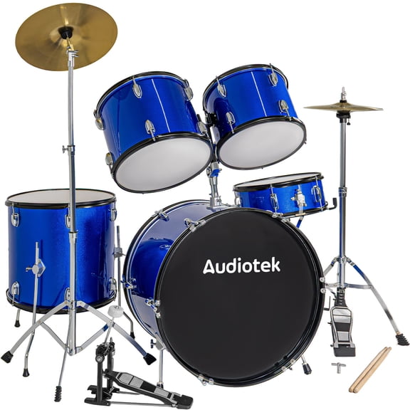 Bateria Acustica Audiotek  23 Pul 5 Piezas Azul Platillos Atriles Bombo