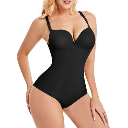

Irisnaya Shapewear Bodysuit for Women Bodywear Waist Trainer Tummy Control Smooth Body Shaper V Neck Underwire Bra Jumpsuits(Black X-Large)