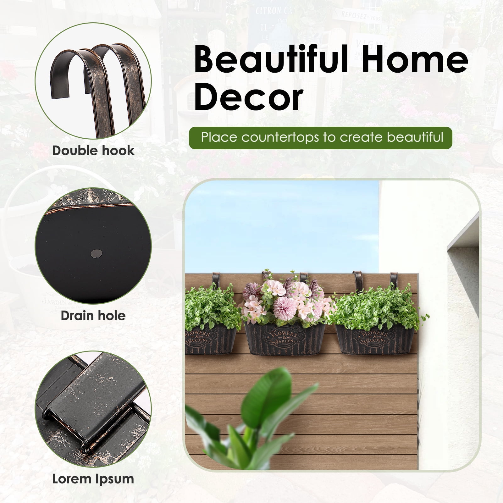 Keyohome 3Pcs Hanging Flower Pots,Metal Wall Planter,Iron Bucket Planter with Detachable Hooks for Indoor Outdoor,Drainage,Rustproof,Black,10.6"