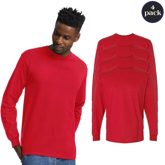 Gildan Men's Ultra Cotton Long Sleeve T-Shirt, 4-Pack Classic Fit Tee, Red Color Crewneck Shirt, S